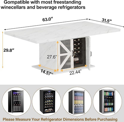 LVB Modern Dining Table for 4 to 6, White Rectangle Kitchen Table with Storage, Wooden Pedestal Dining Room Table with Fridge Space, Large Dinner Tables for Home,Living Room,White Faux Marble, 63 Inch