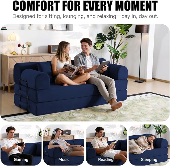 78.8" Boneless Memory Foam Couch, Corduroy Convertible Floor Sofa Bed, Fold-Out Sleeper Futon Loveseat, Wide Armrests & Supportive Back, 1200 lb, Couch in a Box, 2 Pillows, Dark Blue