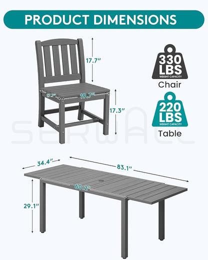SERWALL 10-Piece Patio Dining Sets with 15FT Patio Umbrella, Grey | 60" - 83" Expandable Outdoor Dining Table and 8 HDPE Chairs, All Weather HDPE Outdoor Furniture Set