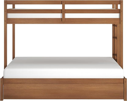Grain & Grove Bear Twin Over Full Bunk Bed with Trundle Bed, Sturdy Bunk Bed Frame for Kids, Plywood Bunk with Ladder, Guardrail, and Slats, No Box Spring Required, Oak Embossed Pecan