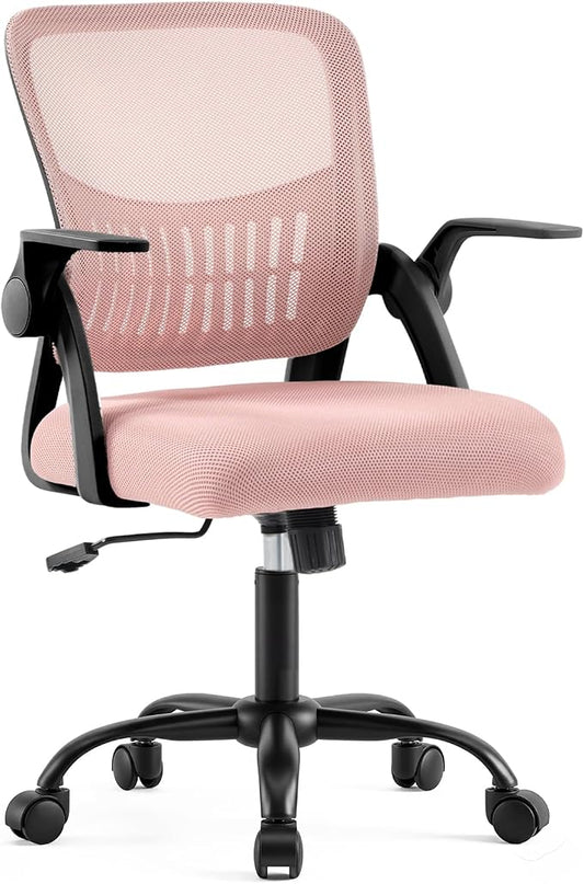 DUMOS Home Office Desk Chair - Ergonomic Computer Mesh Chair with Lumbar Support & Rocking Mode, Height Adjustable with Flip-up Armrest, for Conference, Meeting Room, 360° Swivel, Adults, Pink