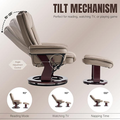 Swivel Recliner Chair with Ottoman Reclining Lounge Sofa Footrest, Set of 1 | 360°Sturdy Wood Base, Soft PU Leather, Upholstered Ultra-Plush Foam, Modern Armchair, Living Room Bedroom Office Reading Home