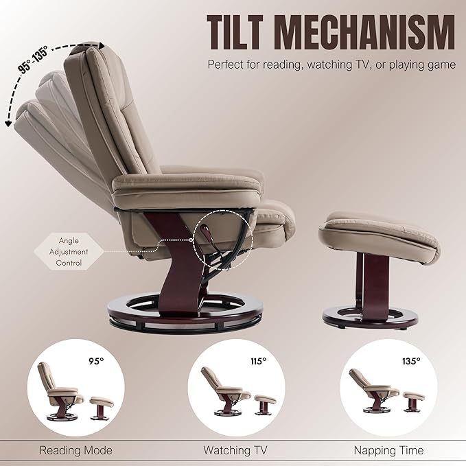 Swivel Recliner Chair with Ottoman Reclining Lounge Sofa Footrest, Set of 2 | 360°Sturdy Wood Base, Soft PU Leather, Upholstered Ultra-Plush Foam, Modern Armchair, Living Room Bedroom Office Reading Home