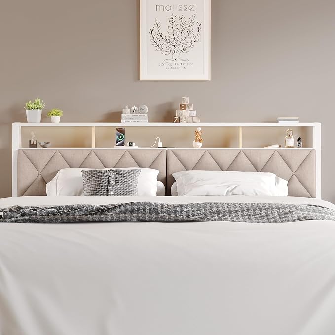 Full Headboard Only, Headboard for Full Size Bed with Storage, Upholstered Headboards with LED Lights & Charging Station, Attach Frame, Ideal for Bedroom/Dorm/Guest Room, White & Beige