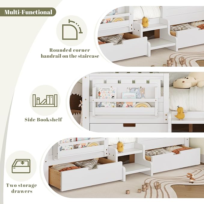Bellemave Queen Size Kids Montessori Bed with Stairs and Bookshelf,Solid Wood Queen Size Kids Bed Frame with Drawers and Storage for Girls Boys,Low-Profile,White