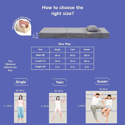 Folding Sofa Bed, 4 in 1 Convertible Sleeper Chair with Pillow, Twin Memory Foam Fold Out Chair Bed, Modern Floor Futon Sofa Couch Mattress for Living Room/Guest/Apartment, Light Gray