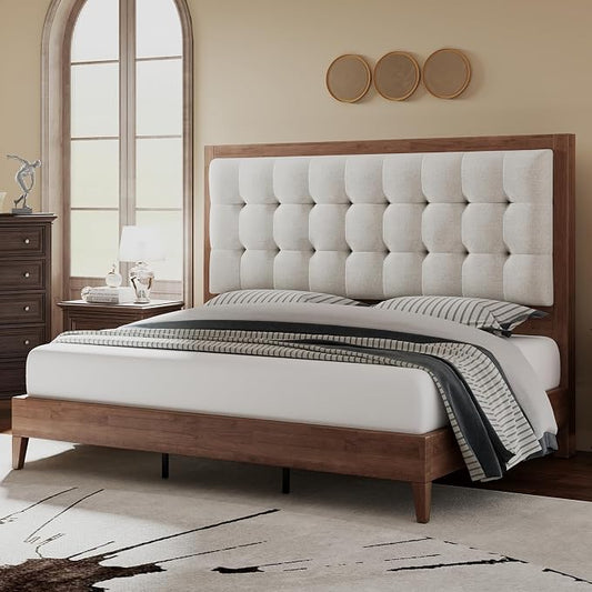 Jocisland Solid Wood Full Size Bed Frame 50.2" Tall Upholstered Headboard, Mid-Century Style, Stable Platform Support, No Box Spring Needed, Walnut