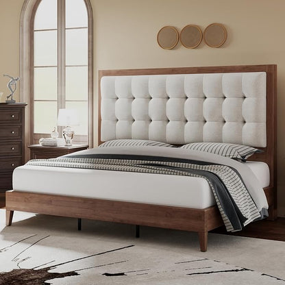 Jocisland Solid Wood King Size Bed Frame 50.2" Tall Upholstered Headboard, Mid-Century Style, Stable Platform Support, No Box Spring Needed, Walnut