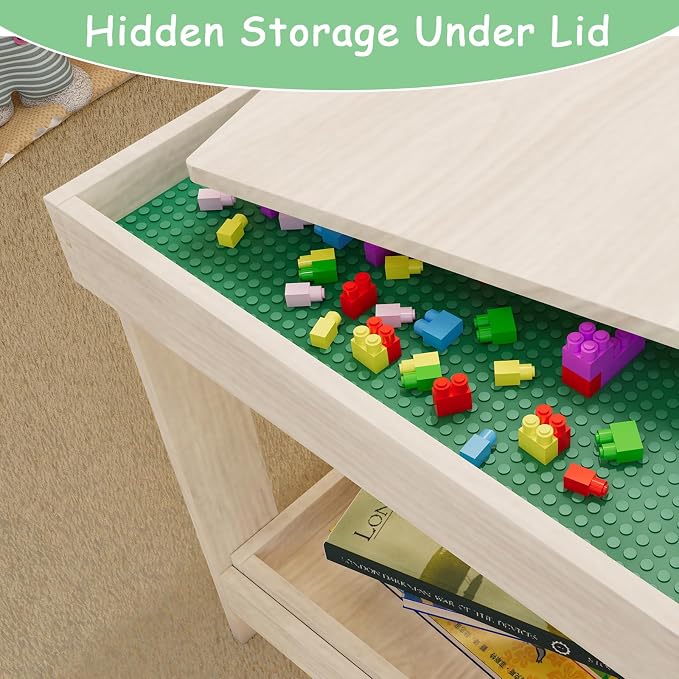 Kids Activity Table with Board and Storage Compatible with Lego, Wooden Play Table for Drawing, Building Blocks, Reading, Boys Girls Gifts