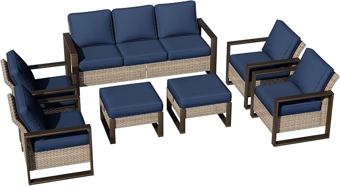 Joyside Outdoor Patio Chairs, 7 Pieces Wicker Rattan Furniture Set, 4 Patio Chairs, 1 Sofa and 2 Ottoman, Metal Wide Armrest, Thick Cushions and Deep Seating for Garden, Backyard, Porch, Deck