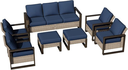 Joyside Outdoor Patio Chairs, 7 Pieces Wicker Rattan Furniture Set, 4 Patio Chairs, 1 Sofa and 2 Ottoman, Metal Wide Armrest, Thick Cushions and Deep Seating for Garden, Backyard, Porch, Deck