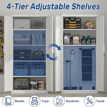 72" H Metal Garage Storage Cabinet with 2 Doors and 4 Shelves, White Steel Locking File Cabinet, Metal Storage Cabinets for Office, Home, Garage, Gym, School