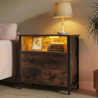 27 Inch Wide Night Stand, Large Wood Night Stand Set 2 with 2 Drawers, LED Nightstand with Charging Station and Adjustable Drawer, Bedside Table for Living Room/Bedroom/Study/Office, Retro.