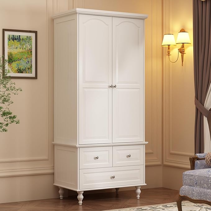 Bedroom Wardrobe Cabinet with 2 Doors, Wood Armoire Closet with Hanging Rod, Wardrobe Closet with 3 Drawers & Multi-Shelves for Clothes Organize, White (19.7" D x 31.5" W x 70.9" H)
