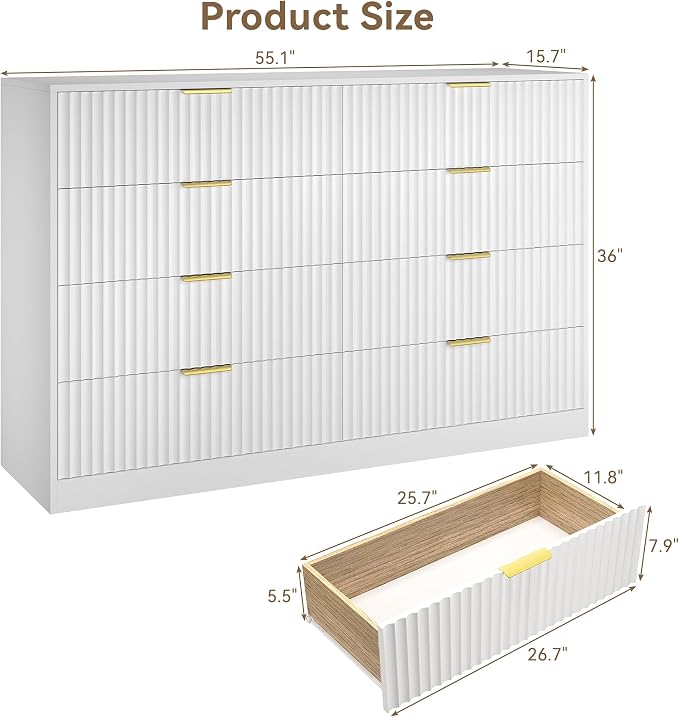 White 8 Drawer Dresser for Bedroom, 55" Wide Fluted Chest of Drawers with Gold Metal Handles, Modern Wooden Dresser, Closet Storage Organizer Mid Century TV Stand for Living Room Hallway