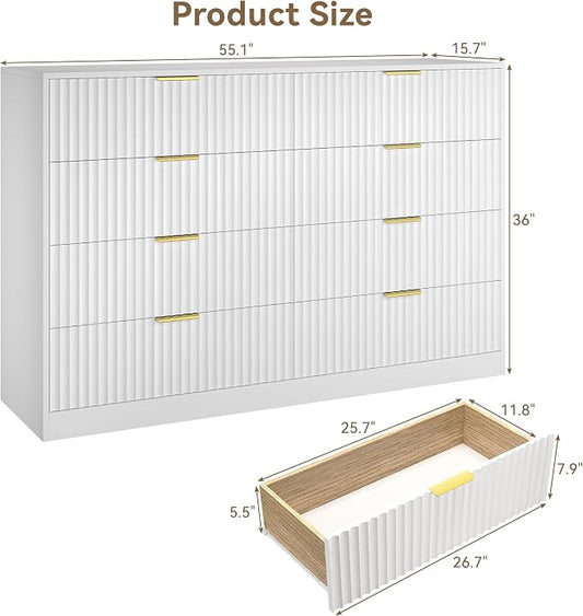 White 8 Drawer Dresser for Bedroom, 55" Wide Fluted Chest of Drawers with Gold Metal Handles, Modern Wooden Dresser, Closet Storage Organizer Mid Century TV Stand for Living Room Hallway