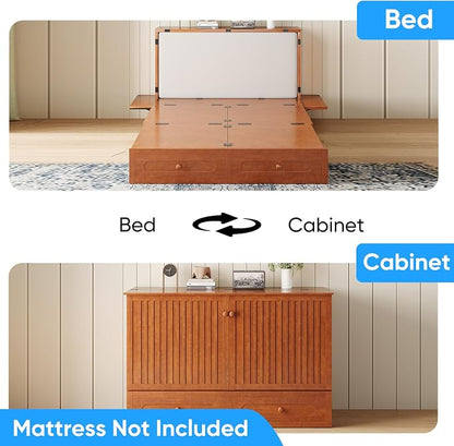 PUREMIND Queen Murphy Bed with Mattress Included, Folding Convertible Bed, Hideaway Cabinet Bed with Storage Drawer & USB Charging Station, Space Saving Wallbed for Small Spaces, Cherry