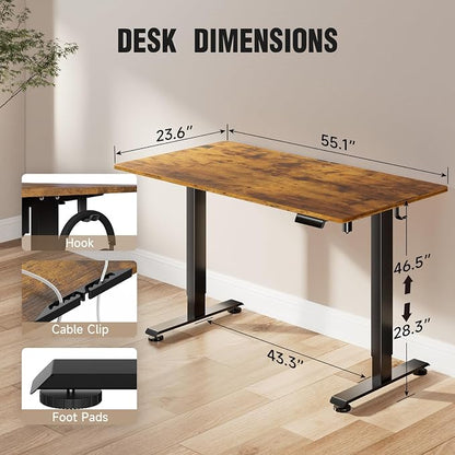 Veken 55 Inch, Height Adjustable Sit Stand Up, Wood Desktop, Work Home Office Computer PC Table, Tall Standup Workstation, Gaming Writing Study Bedroom Rising Desks, Brown
