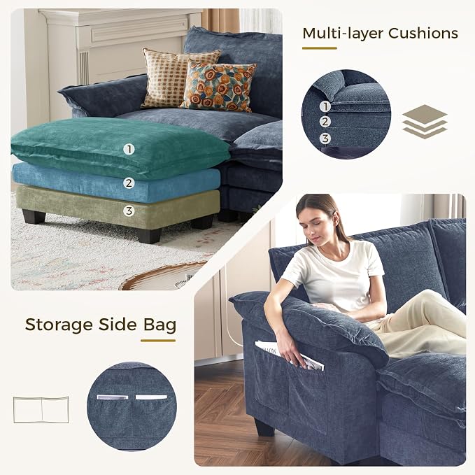 KKL U-Shaped Modular Sectional Sofa, 6 Seater Cloud Couch with Ottoman, Chenille Sectional Couches for Living Room, Apartment, Blue