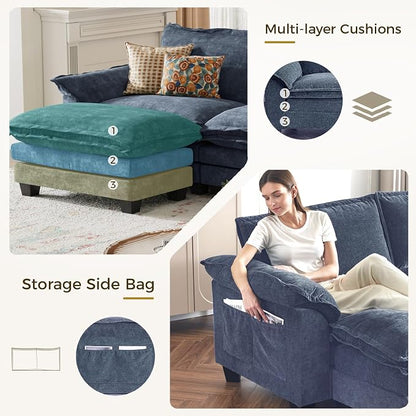 KKL U-Shaped Modular Sectional Sofa, 6 Seater Cloud Couch with Ottoman, Chenille Sectional Couches for Living Room, Apartment, Blue