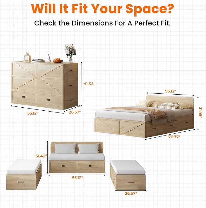 CECER 3-in-1 Full Murphy Bed with Mattress for Small Space -Natural Wood | Multi-Functional Desgin that Converts to Sofa Set，Bed and Cabinet，Easy Assemble ＆ Conversion