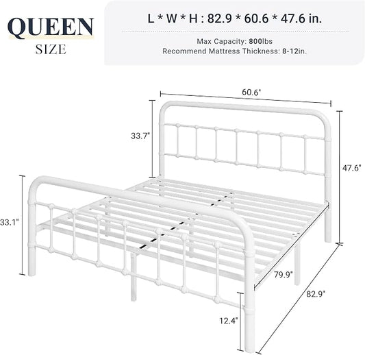 Allewie Queen Size Metal Platform Bed Frame with Victorian Style Wrought Iron-Art Headboard/Footboard, No Box Spring Required, White