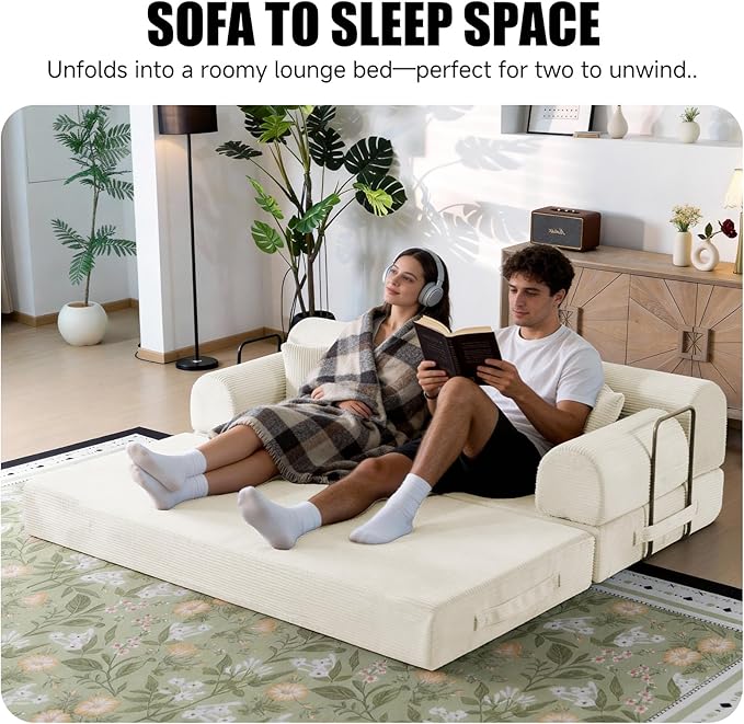 78.8" Memory Foam Boneless Couch, Corduroy Floor Sofa Bed, Convertible Sleeper Futon Loveseat, Wide Armrests & Back Support, Supports Up to 1200 lbs, Couch in a Box with 2 Pillows, Lvory