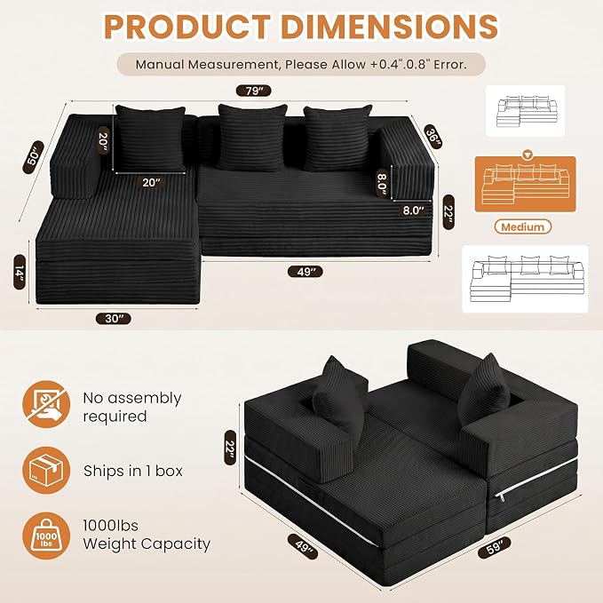79" Modular Sectional Sofa, Boneless Convertible Sleeper Sofa Bed, Modern Tri-Folding Cloud Couch with L-Shape Chaise, Corduroy Futon for Living Room Small Spaces Apartment, No Assembly