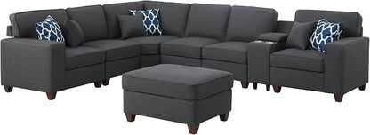 Ball & Cast 127" L-Shaped Sectional Couch with Movable Ottoman and 6 Throw Pillow,7 Seat Chenille Upholstered Sofa W/ 2 Cup Holders,USB Port and Hidden Storage Box,DIY Combination,for Living Room,Gray