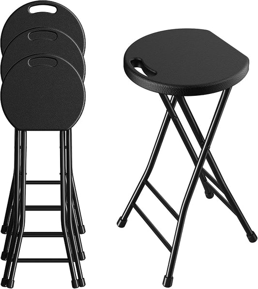 24 Inch Folding Stool Set of 4, Portable Metal Foldable Stool with Handle & Non-Slip Feet, Sturdy 440lbs Capacity High Stool for Kitchen, Camping, Fishing, Black
