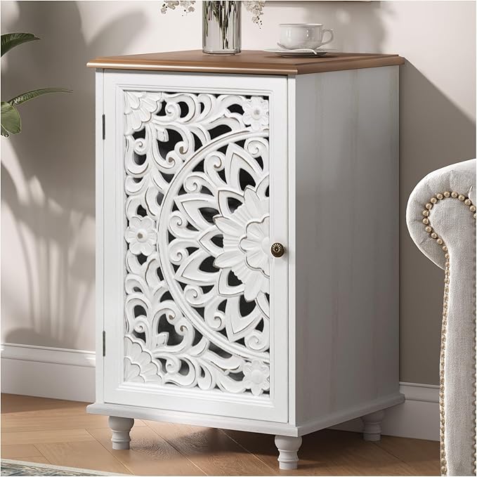 JOINICE Accent Storage Cabinet with Mandala Carved Doors,Small,White | Handcrafted Distressed Carvings,Vintage Floral Design for living room & office & bedroom,Solid Wood Legs,Adjustable Shelves