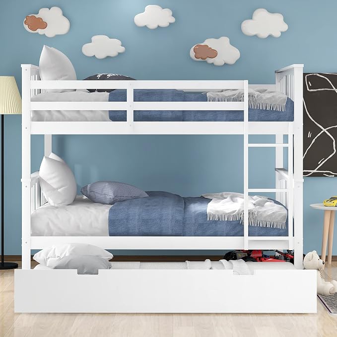 Merax Full Over Full Bunk Bed with Trundle, Convertible to Two Separate Beds, Solid Pine Wood Frame with Safety Guardrail & Headboard/Footboard, Sturdy Durable Design, No Box Spring Needed, White