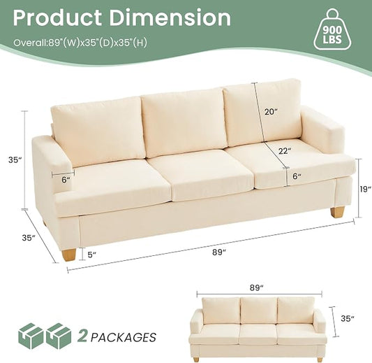 YOUDENOVA Sofa, 89" 3-Seater Deep Seat Sofa, Modern Comfy Couches for Living Room Apartment Lounge, Beige Chenille
