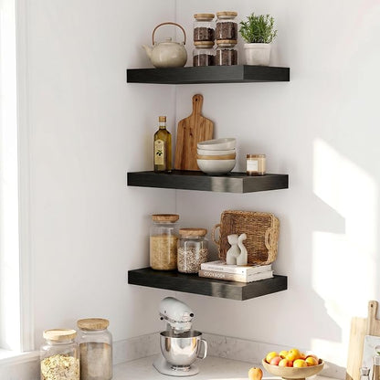 Fun Memories Wood Floating Shelves 20 Inch, 10 Inch Deep Shelves Wall Mount, Wall Shelves with Invisible Bracket, 20" Floating Shelves for Living Room Bathroom Bedroom, Black, Set of 2