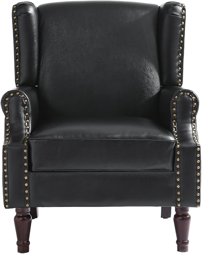 Pia Ricco Set of 2 Faux Leather Accent Chairs, High Back Wingback Armchairs with Retro Floral Design, Nailhead Trim & Solid Wood Legs for Living Room Bedroom (Black)