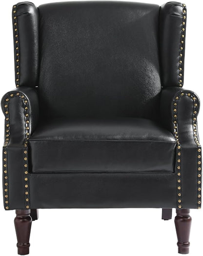 Pia Ricco Set of 2 Faux Leather Accent Chairs, High Back Wingback Armchairs with Retro Floral Design, Nailhead Trim & Solid Wood Legs for Living Room Bedroom (Black)