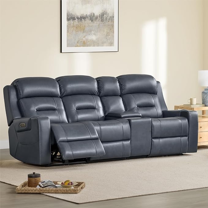 Watson & Whitely Genuine Leather Power Recliner Sofa, Lay Flat Reclining Sofa with Storage Console, Power Headrest & Cup Holders, 3 Seater Electric Reclining Couch for Living Room, Navy Blue