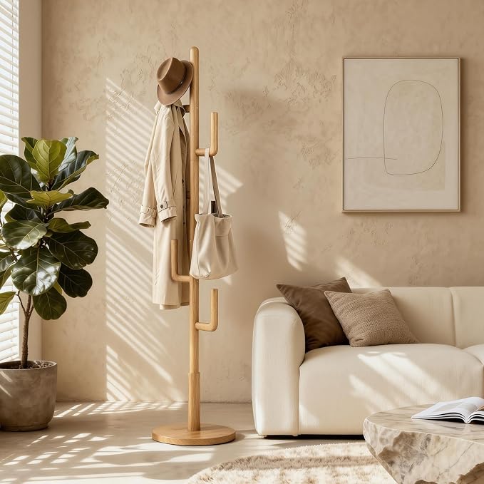 Coat Rack,Solid Wood Cactus Freestanding Coat RackWith 6 L-Shaped Hooks and 3 Adjustable Sizes,Coat Tree for Bedroom, Entryway, Livingroom, Coat Hanger Stand for Coats, Handbags (Natural)
