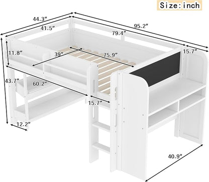 Bellemave Twin Size Low loft Bed with Desk and bookcases, Boxes and Drawers for Kids,Wood Modern Farmhouse Kids Loft Bed with Shelf, White