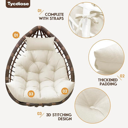 Outdoor Hanging Egg Chair Cushion Replacement, Thicken Egg Chair Cushion Waterproof Basket Eggs Chairs Cushion with Headrest Pillow, U-Shaped Cushions for Hanging Eggs Chairs Swing (Cream)