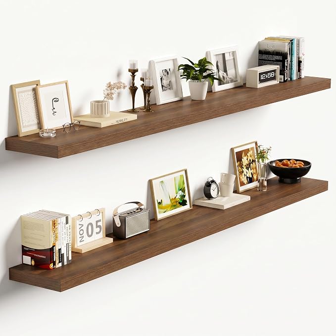 Vivelove Walnut Floating Shelves 55 Inches Long, Wall Display Shelves with Invisible Brackets, for Bathroom Living Room Kitchen Bedroom Office Farmhouse Home Decor, 55x9.3X 1.5 - Set of 2, Walnut