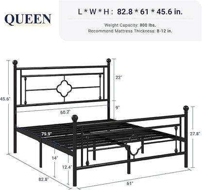 Allewie Queen Size Metal Platform Bed Frame with Victorian Vintage Headboard and Footboard/Mattress Foundation/Under Bed Storage/No Box Spring Needed/Noise-Free/Easy Assembly, Black