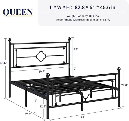 Allewie Queen Size Metal Platform Bed Frame with Victorian Vintage Headboard and Footboard/Mattress Foundation/Under Bed Storage/No Box Spring Needed/Noise-Free/Easy Assembly, Black