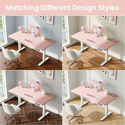 Veken 55 Inch Large Electric Standing Desk, 4 Memory Heights Adjustable,Sit to Stand Up, Work Home Office Computer Table for Study, Walking Pad, Writing, and Games, Wooden Desktop Desks, Pink