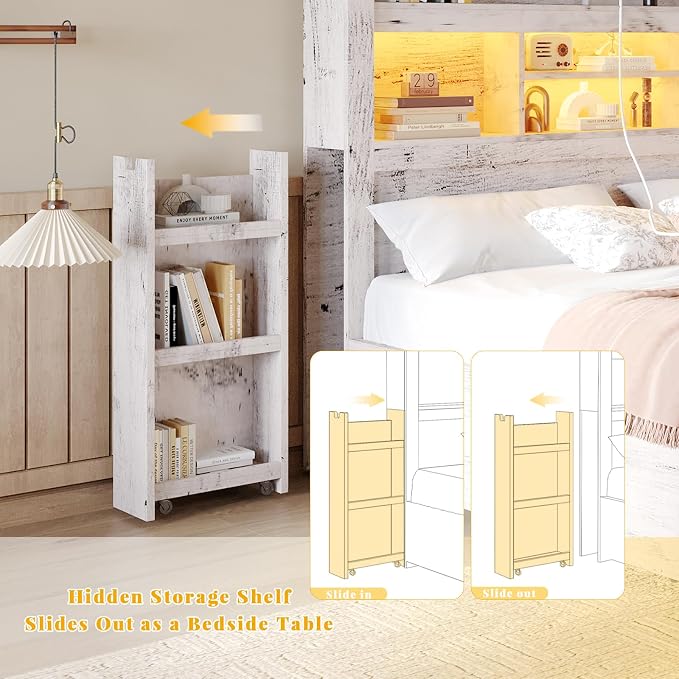 LUXOAK King Bed Frame with 49.6" Bookcase Headboard & 2 Bedside Stoage Racks & 4 Drawers, Farmhouse Wood Bed Frame with RGB LED & Charging Station, No Box Spring Needed, Distressed White