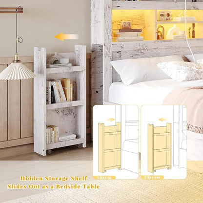 LUXOAK King Bed Frame with 49.6" Bookcase Headboard & 2 Bedside Stoage Racks & 4 Drawers, Farmhouse Wood Bed Frame with RGB LED & Charging Station, No Box Spring Needed, Distressed White