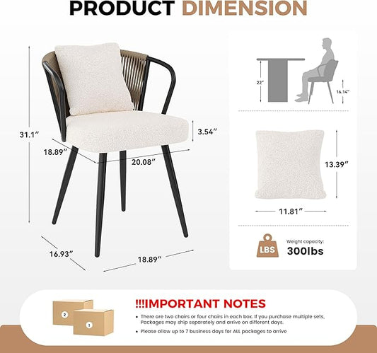 Rope Weaving Dining Chairs Set of 6, Rattan Upholstered Kitchen Chair with Metal Legs, Ergonomic Curved Backrest, Modern Living Room Chairs with Throw Pillow for Kitchen, Brown