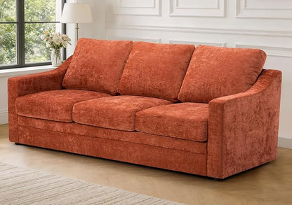 83” Chenille 3 Seats Sofa w/Comfortable Back Cushions, Orange | Modern Couch w/Deep Seat Space, Upholstered 6 Seater Sofa w/High Resiliency Foam for Living Room