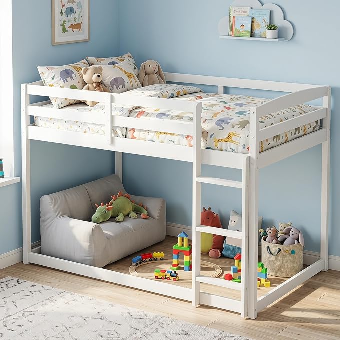 Giantex Full Over Full Bunk Bed, Solid Wood Kids Bunk Bed with Full-Length Guardrails, Integrated Ladder & Anti-Tippling Kits, Low Bunk Beds for Kids, No Box Spring Needed, White