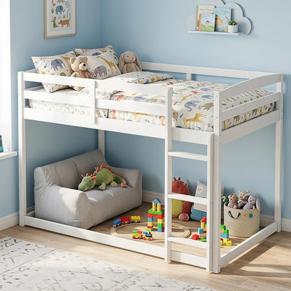 Giantex Full Over Full Bunk Bed, Solid Wood Kids Bunk Bed with Full-Length Guardrails, Integrated Ladder & Anti-Tippling Kits, Low Bunk Beds for Kids, No Box Spring Needed, White